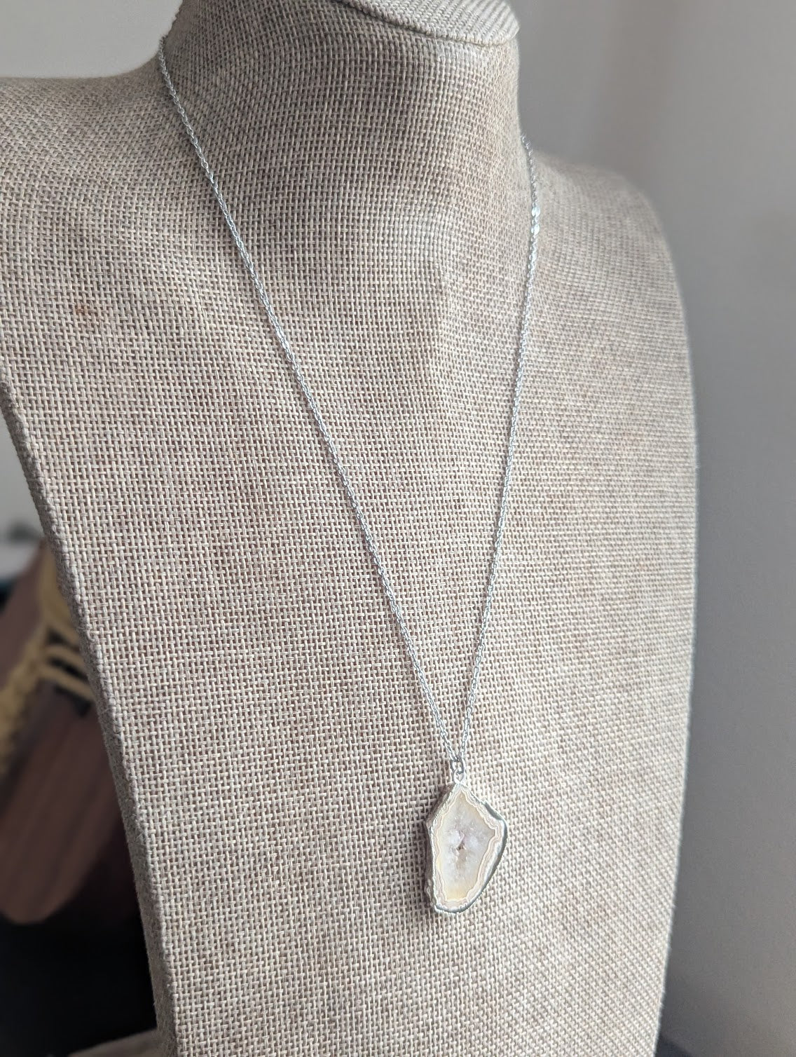 Brown and White Agate Slice Silver Necklace