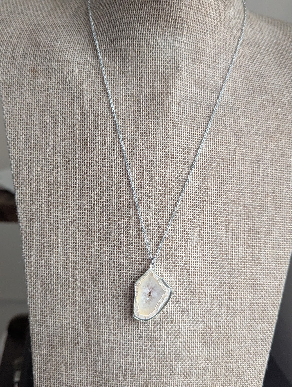 Brown and White Agate Slice Silver Necklace