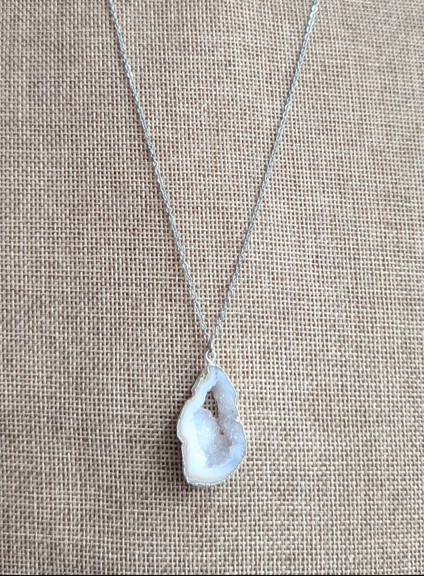White and Grey Druzy Agate Silver Necklace (Various Options Available)