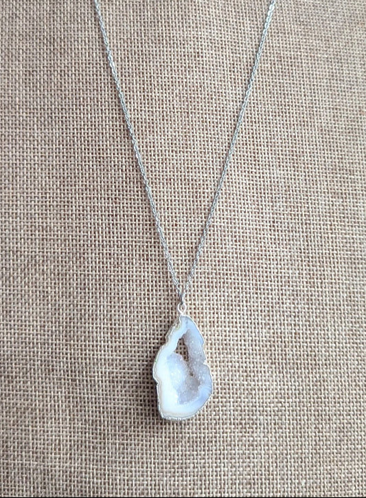 White and Grey Druzy Agate Silver Necklace (Various Options Available)