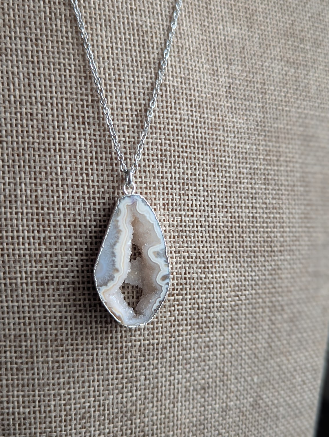 White and Grey Druzy Agate Silver Necklace (Various Options Available)