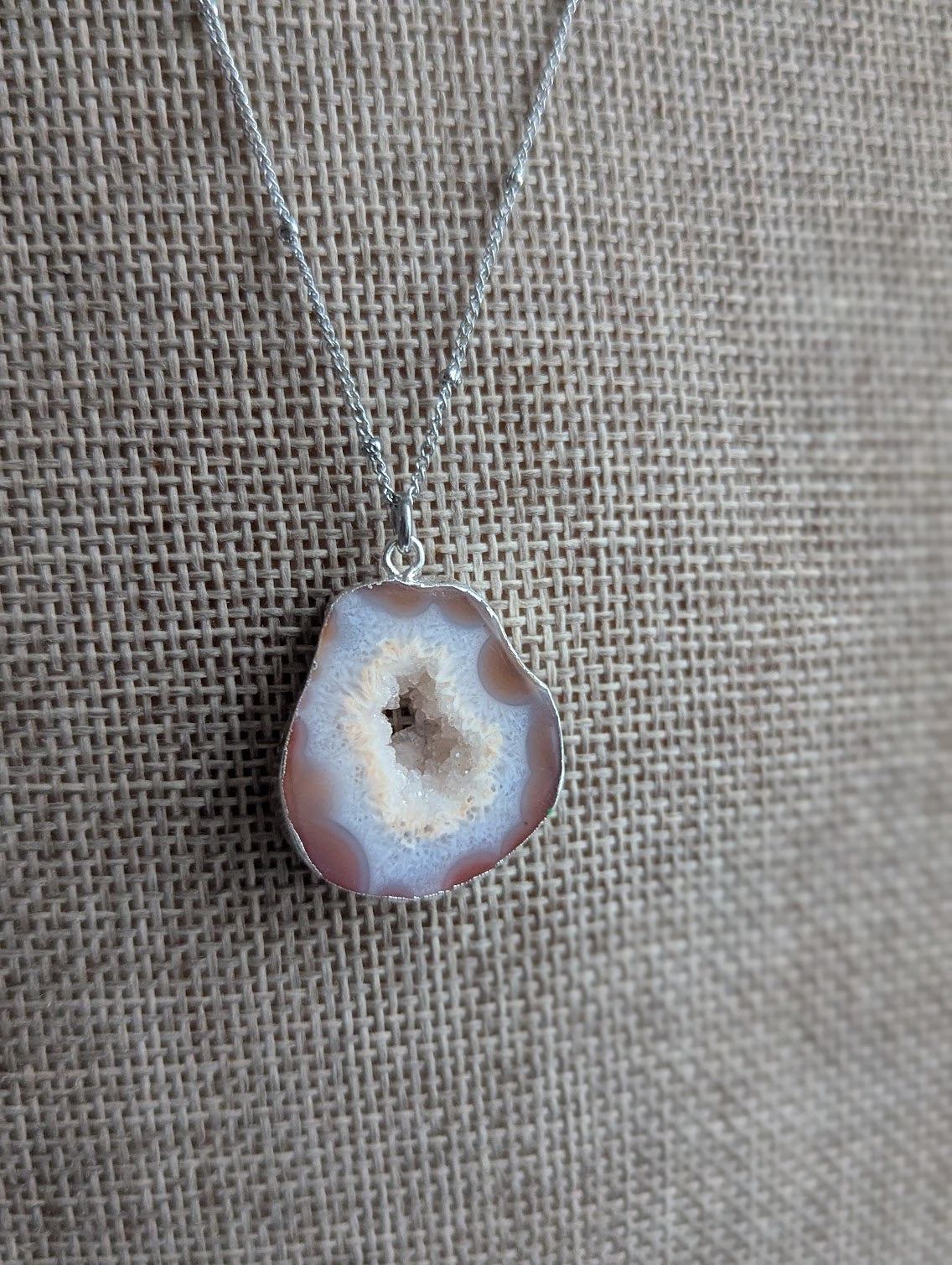 Red and White Agate Slice Silver Necklace