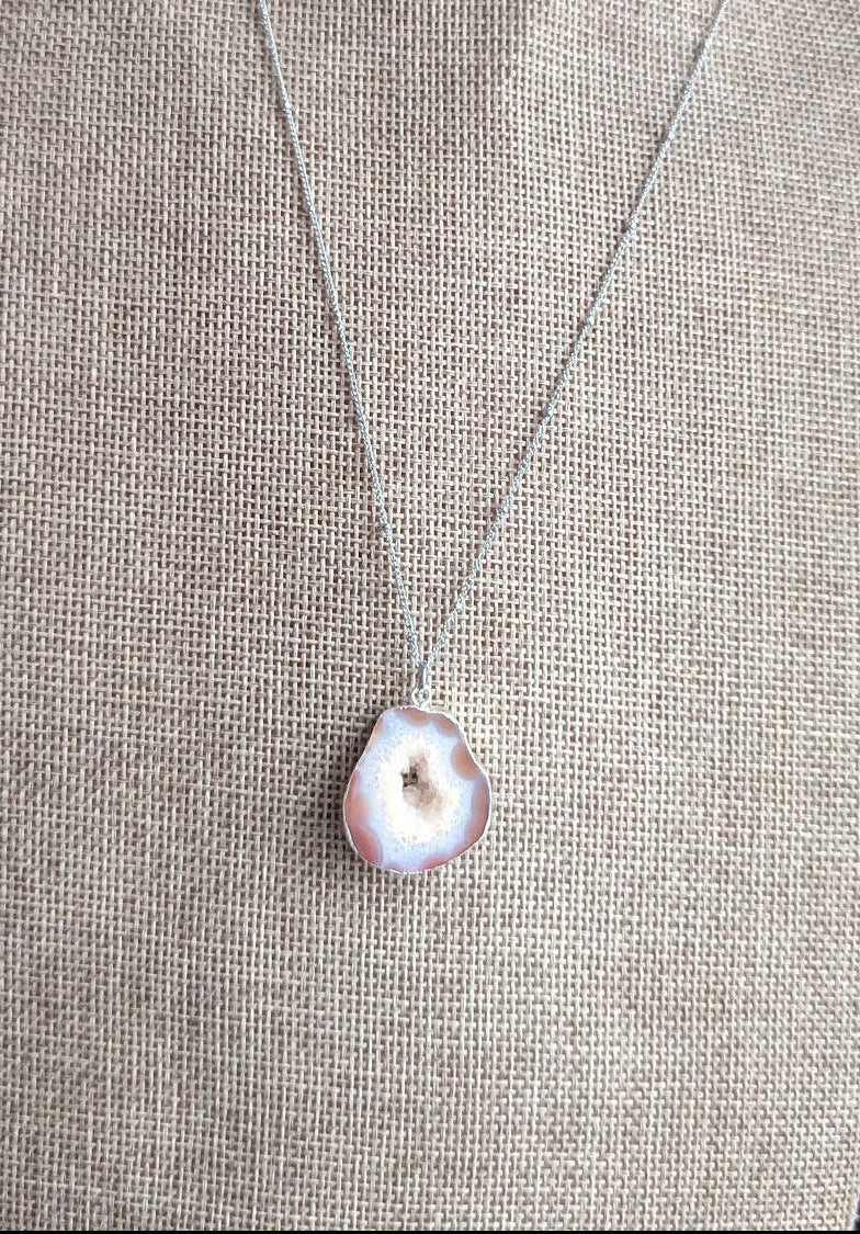 Red and White Agate Slice Silver Necklace