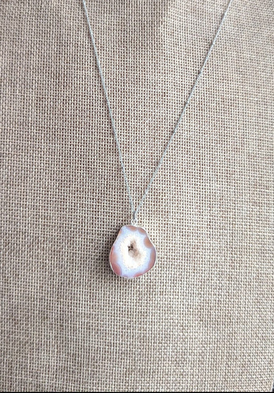 Red and White Agate Slice Silver Necklace