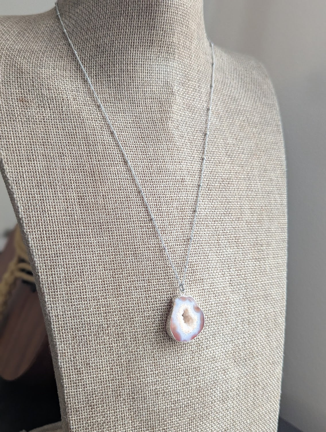 Red and White Agate Slice Silver Necklace