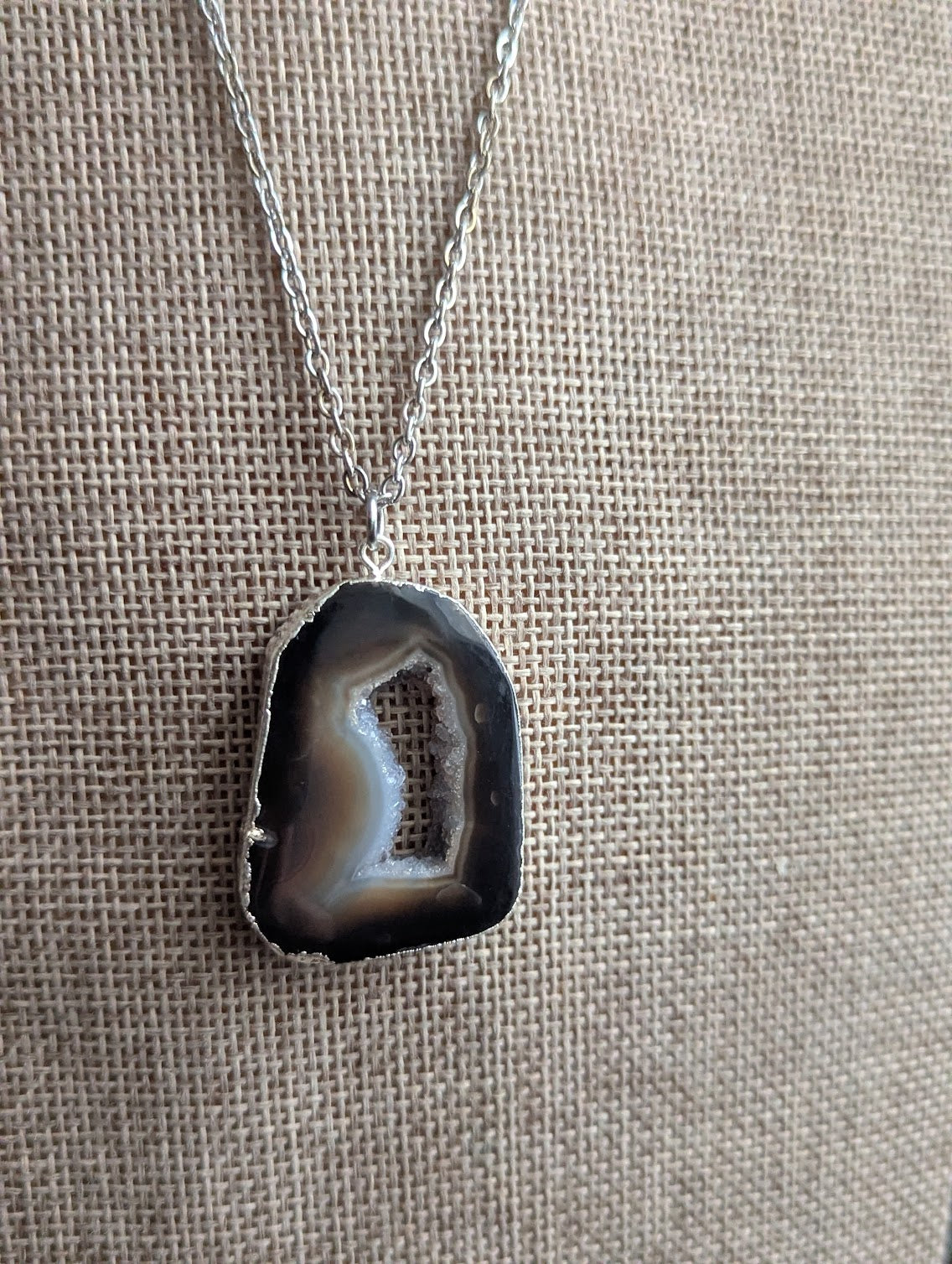 Large Black Agate and Druzy Silver Long Necklace