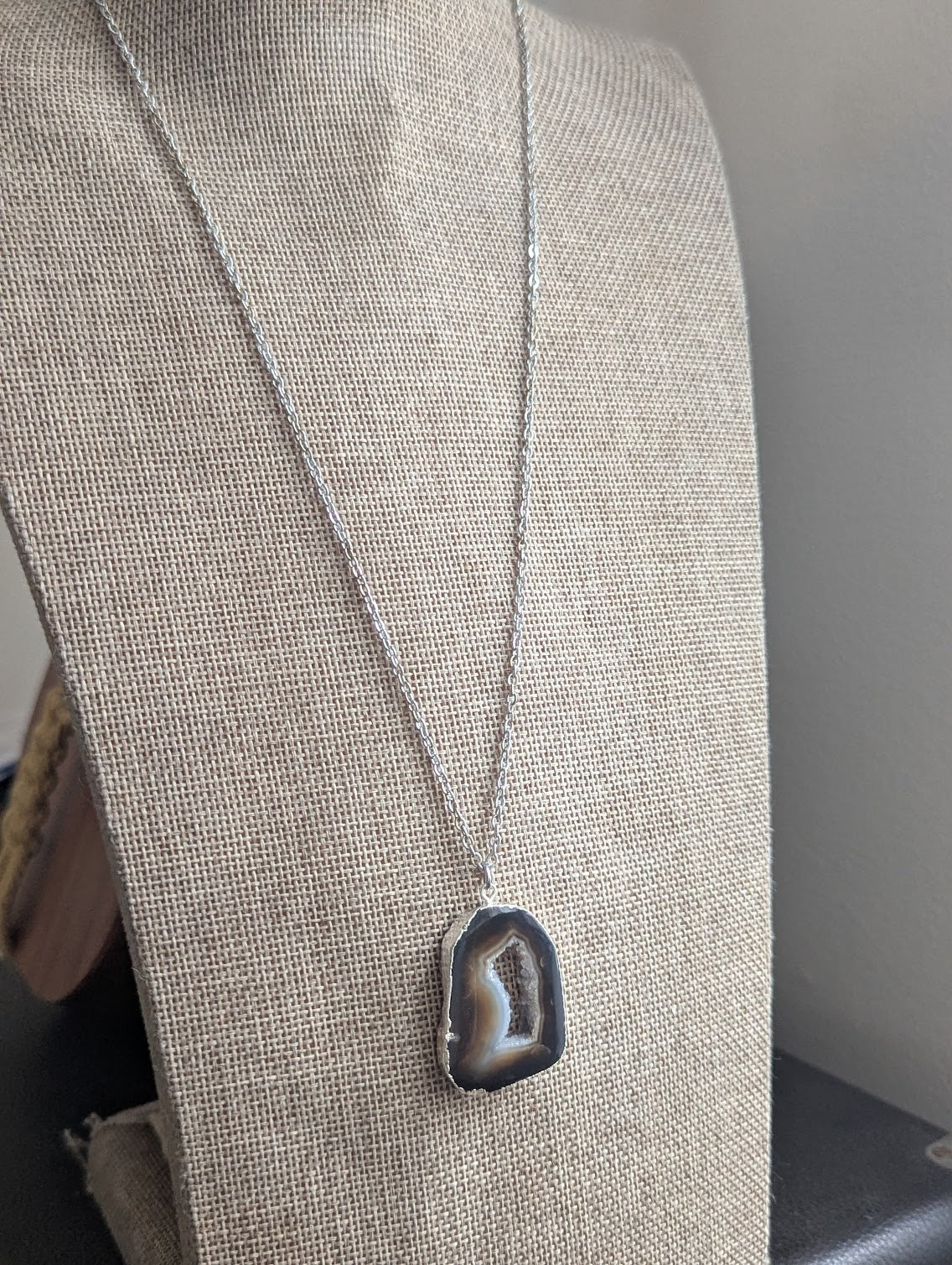 Large Black Agate and Druzy Silver Long Necklace