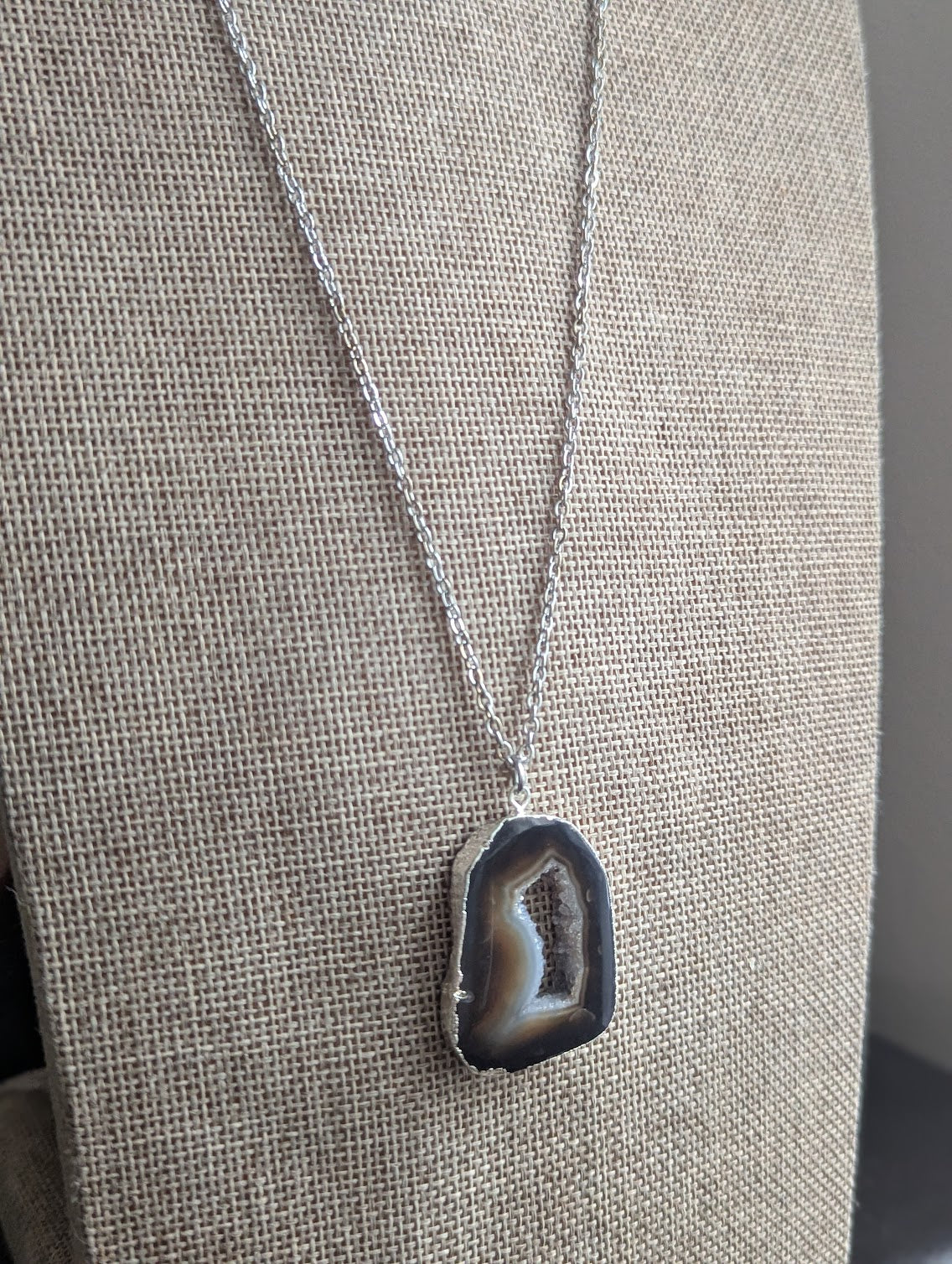 Large Black Agate and Druzy Silver Long Necklace