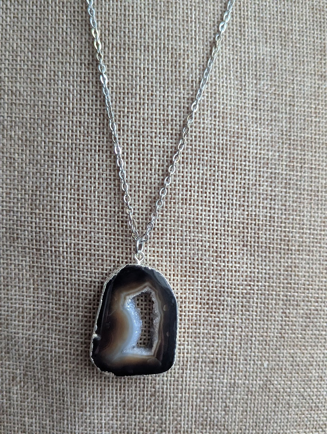 Large Black Agate and Druzy Silver Long Necklace