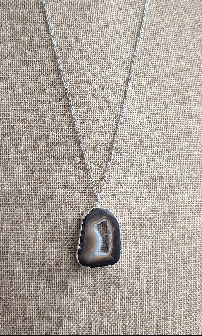 Large Black Agate and Druzy Silver Long Necklace