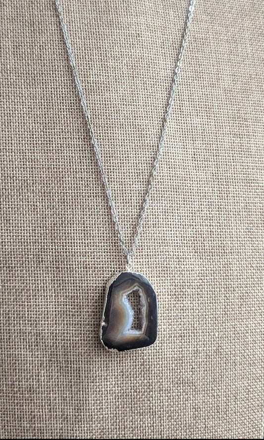 Large Black Agate and Druzy Silver Long Necklace