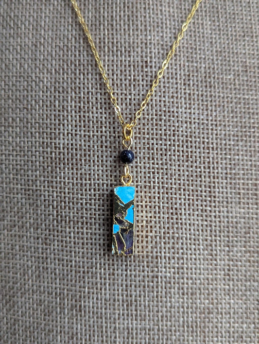 Blue Sediment Mosaic Blue Goldstone Rectangle Gold Necklace