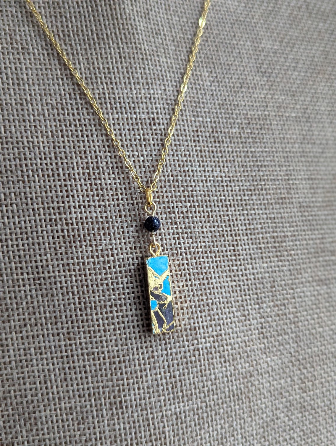Blue Sediment Mosaic Blue Goldstone Rectangle Gold Necklace