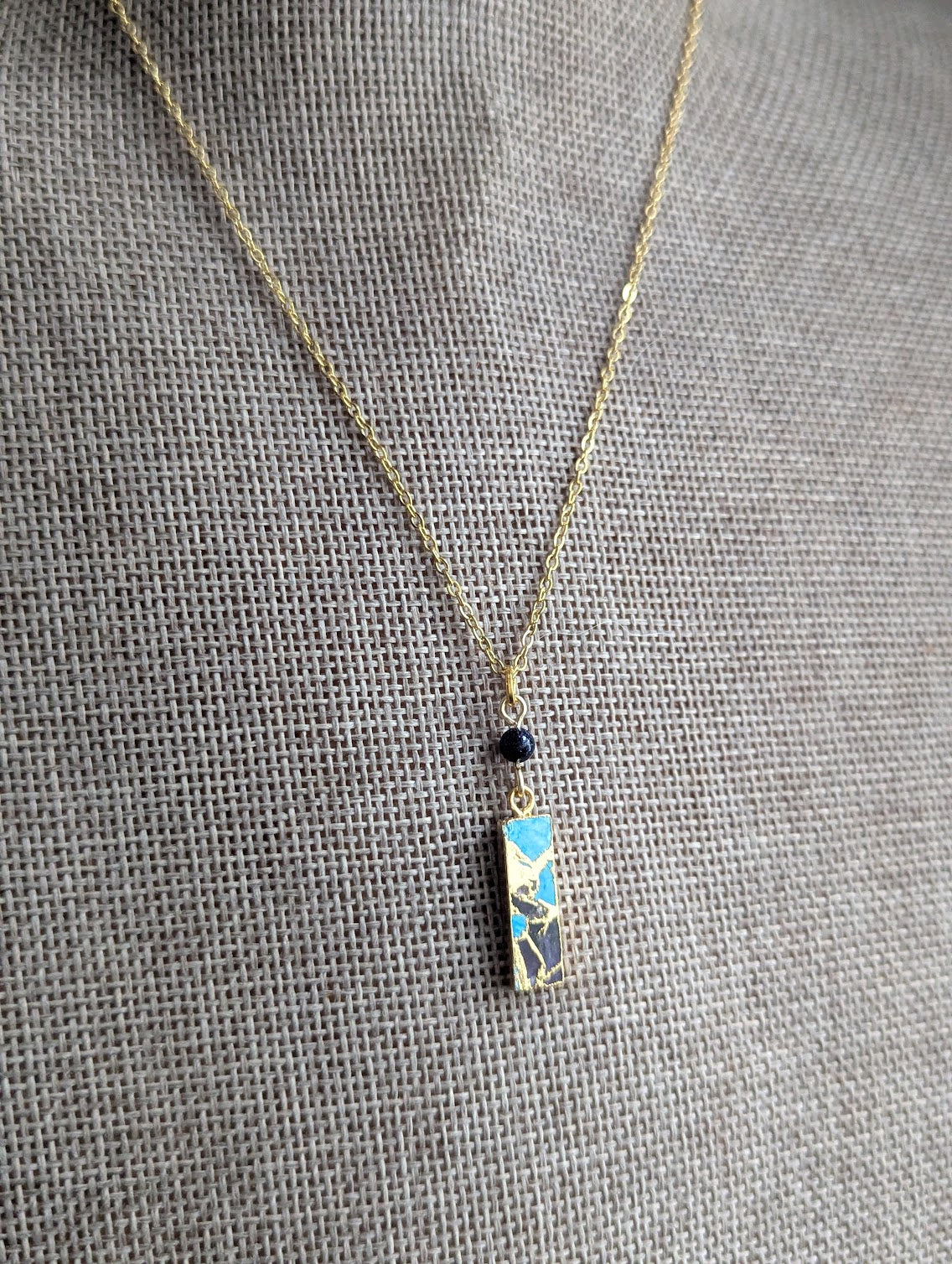 Blue Sediment Mosaic Blue Goldstone Rectangle Gold Necklace