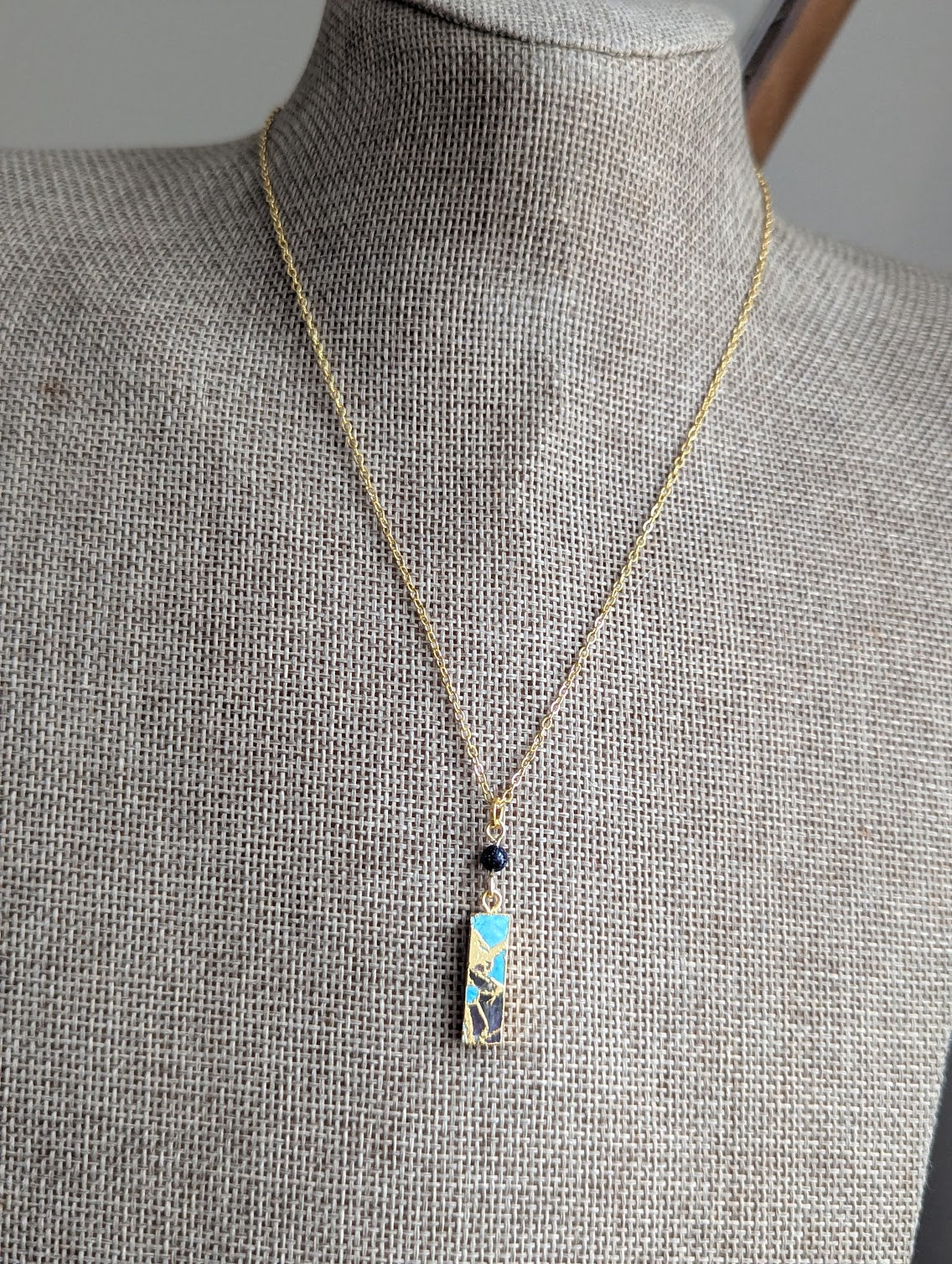 Blue Sediment Mosaic Blue Goldstone Rectangle Gold Necklace