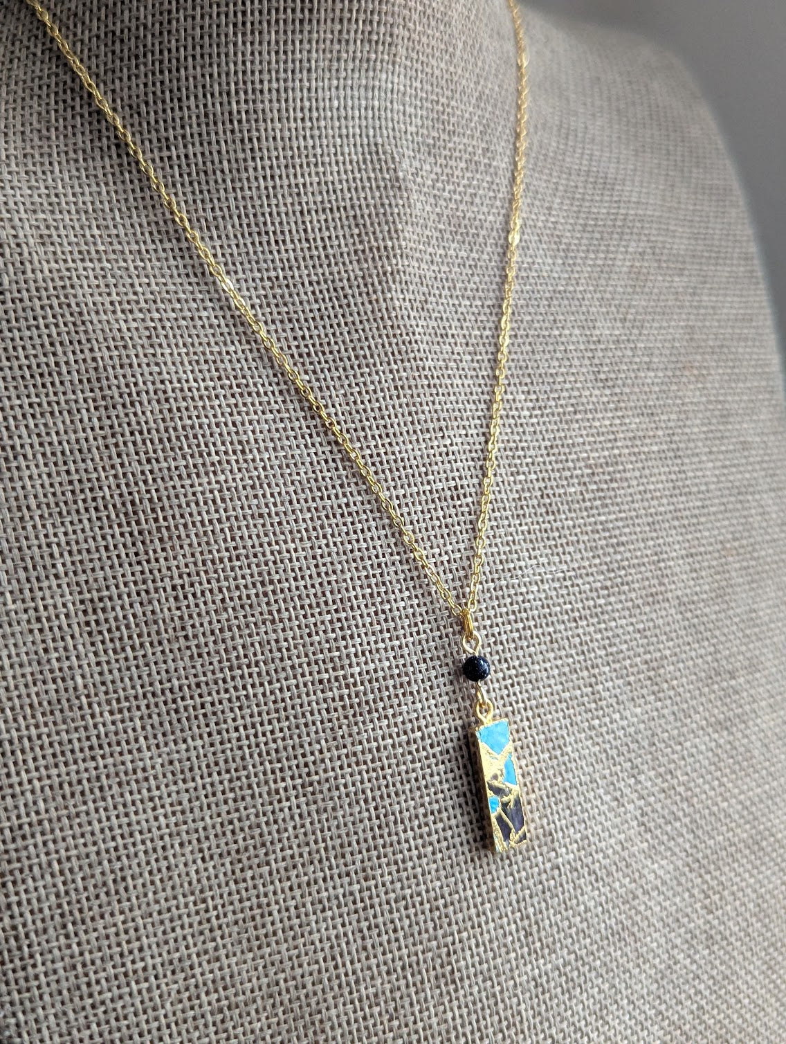 Blue Sediment Mosaic Blue Goldstone Rectangle Gold Necklace