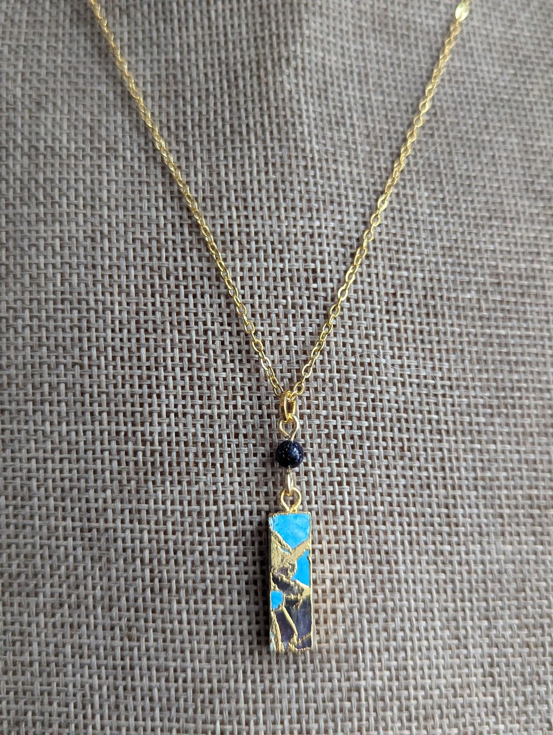 Blue Sediment Mosaic Blue Goldstone Rectangle Gold Necklace