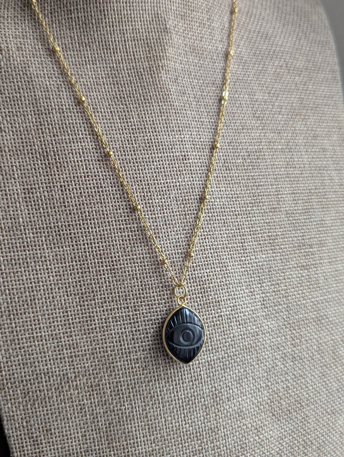 Carved Evil Eye Gemstone Gold Necklace (Various Stones Available)