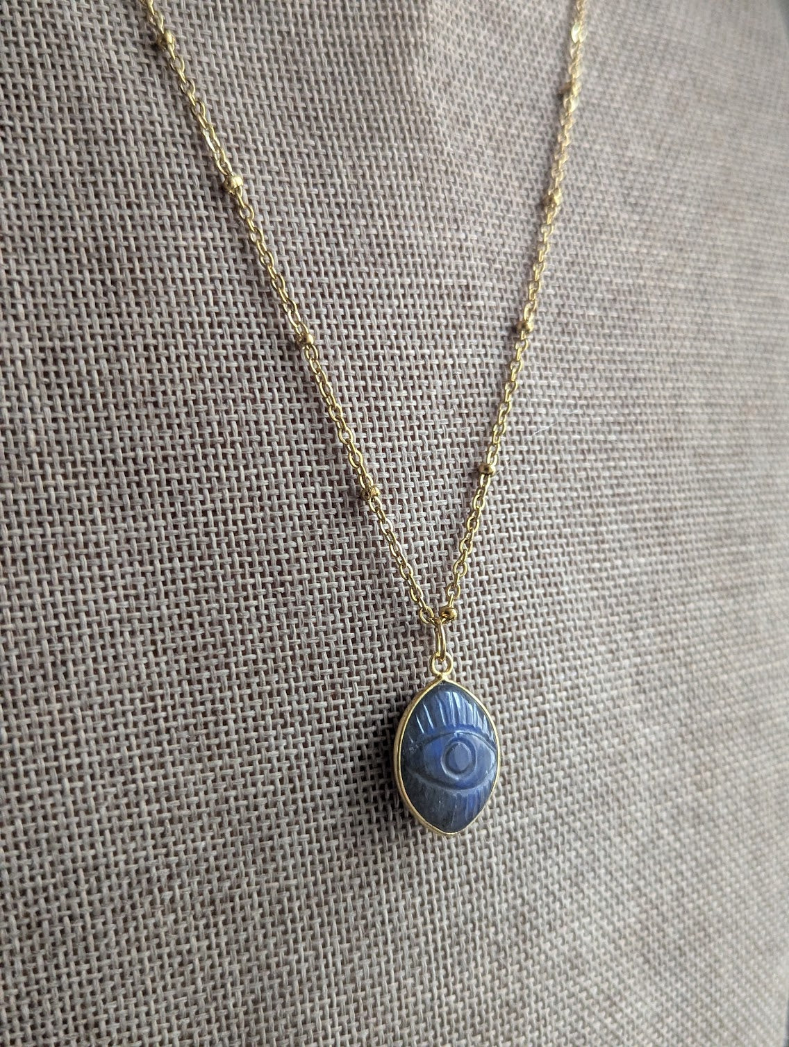 Carved Evil Eye Gemstone Gold Necklace (Various Stones Available)