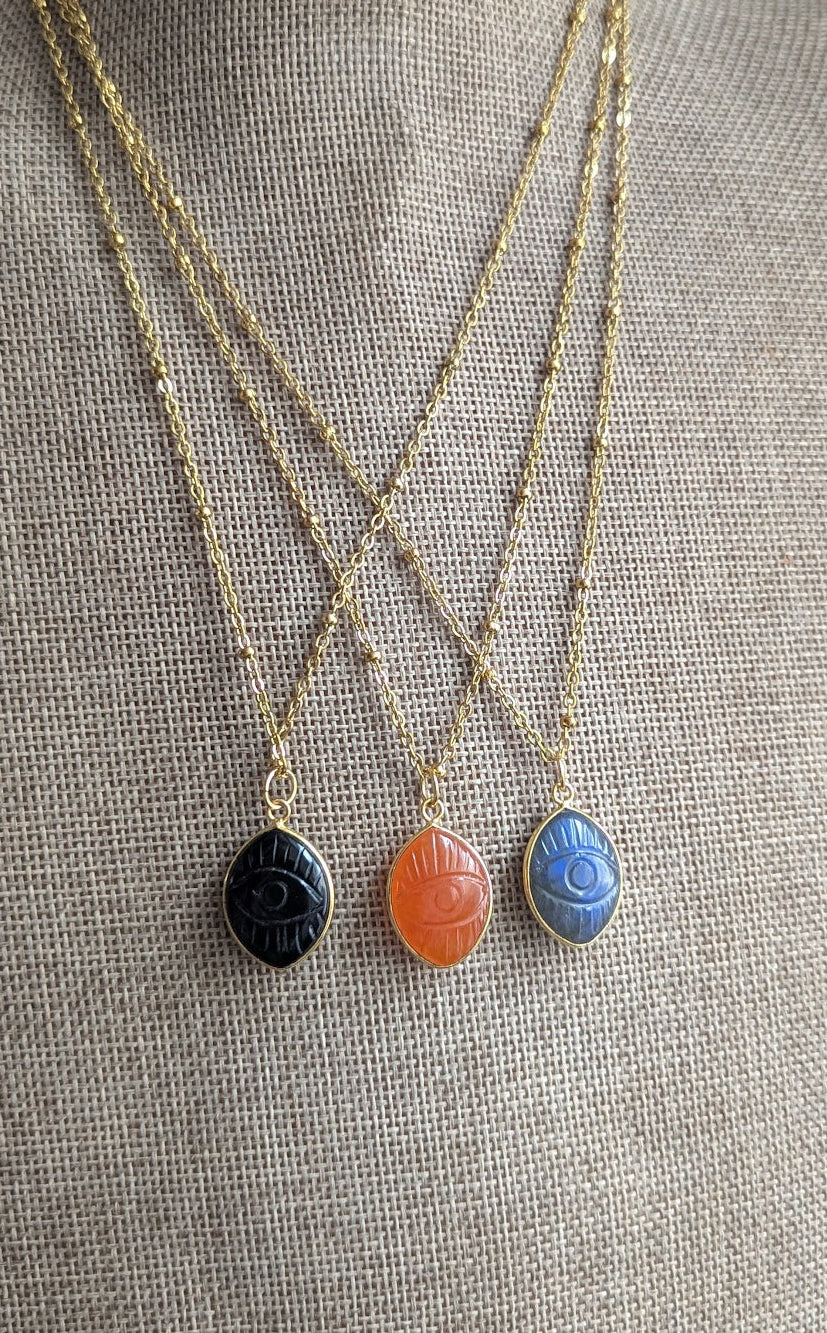 Carved Evil Eye Gemstone Gold Necklace (Various Stones Available)