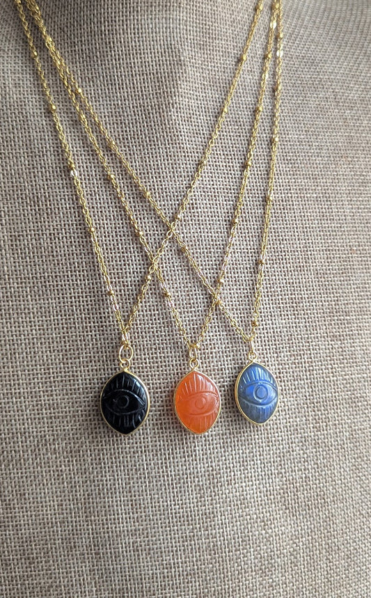 Carved Evil Eye Gemstone Gold Necklace (Various Stones Available)