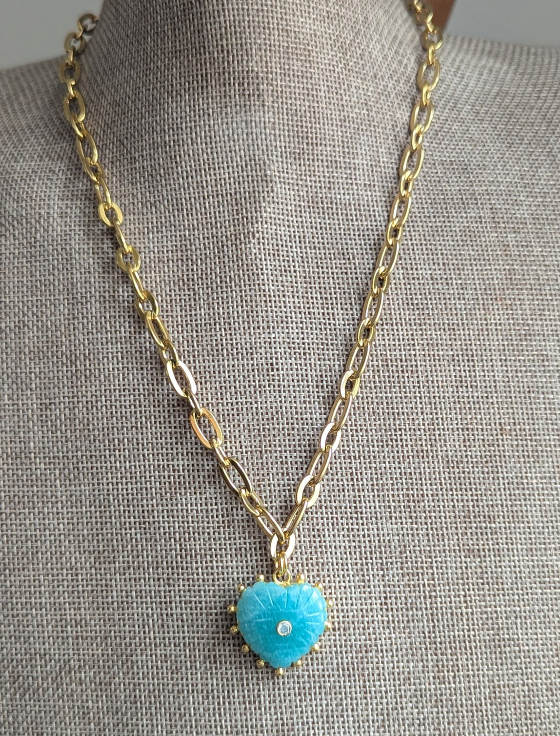 Carved Amazonite Large Heart Chunky Gold Necklace