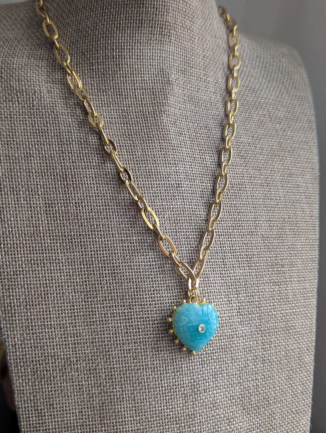 Carved Amazonite Large Heart Chunky Gold Necklace