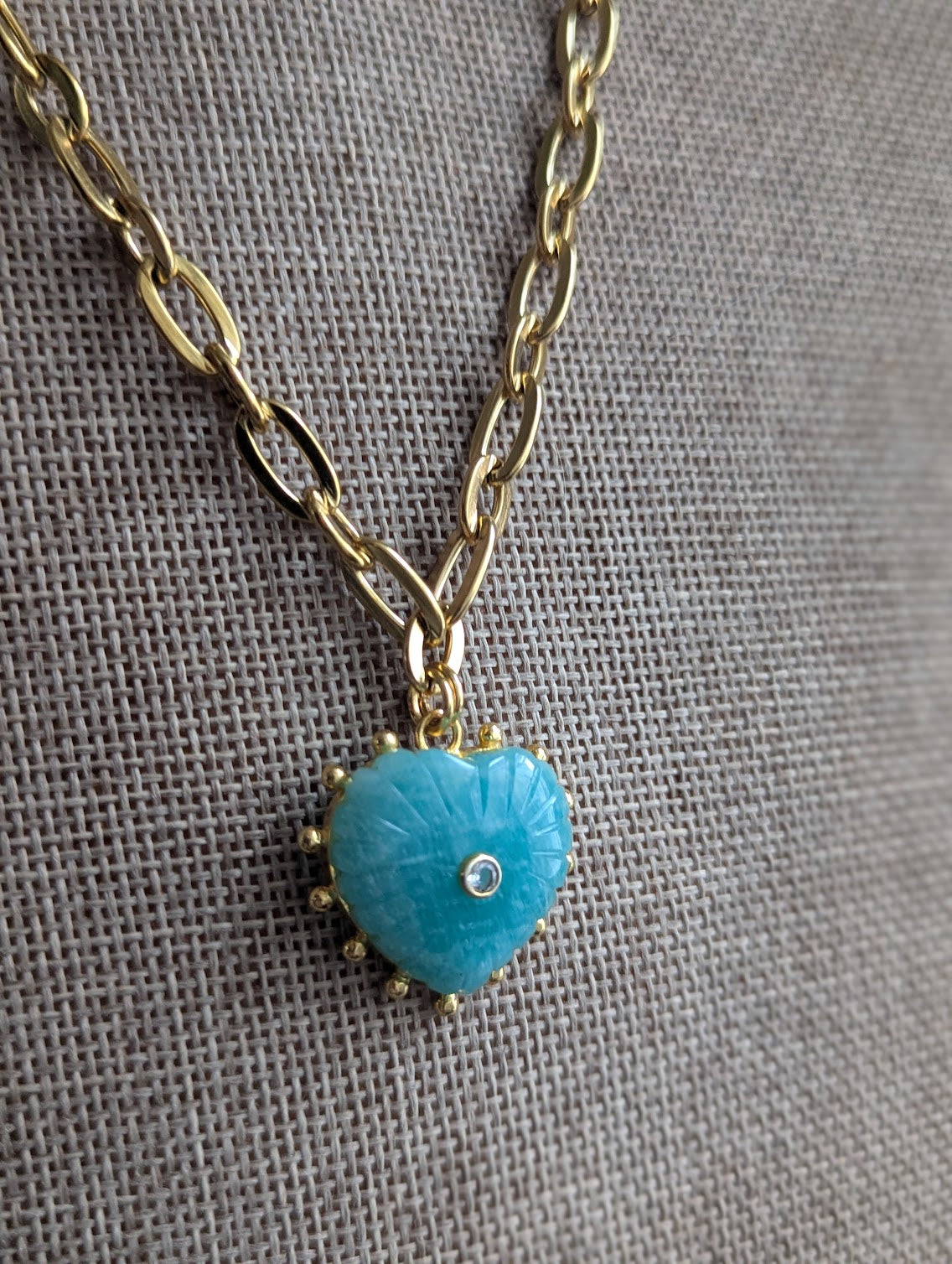 Carved Amazonite Large Heart Chunky Gold Necklace