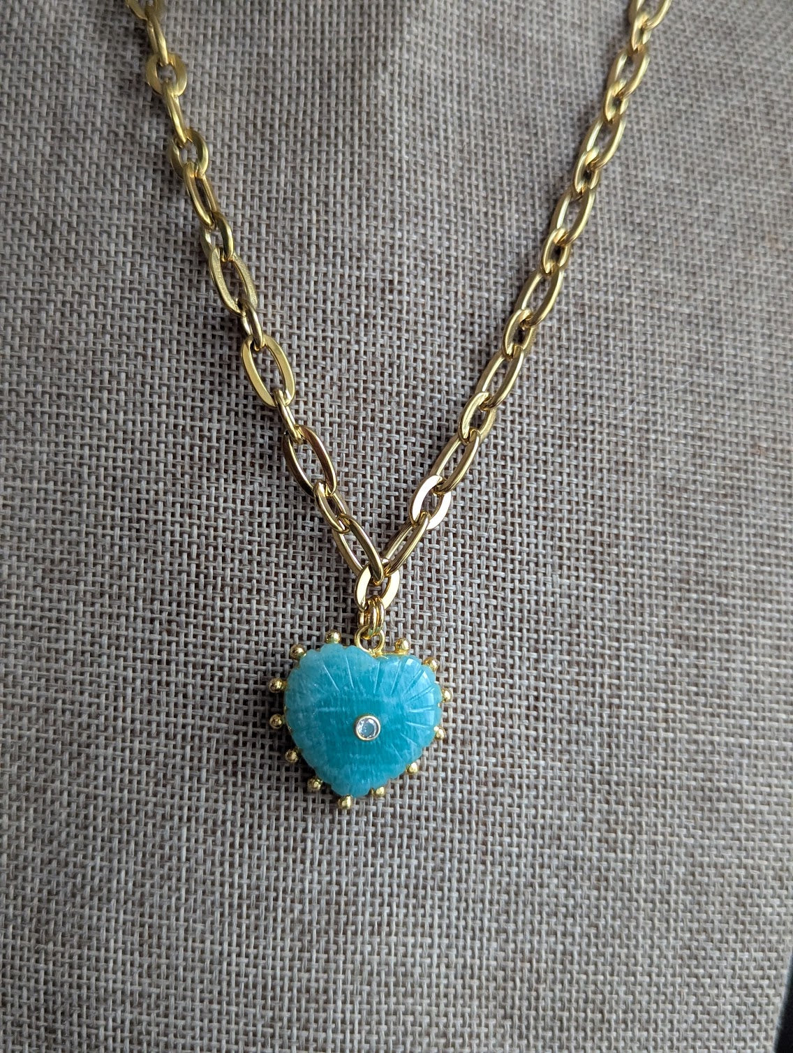 Carved Amazonite Large Heart Chunky Gold Necklace