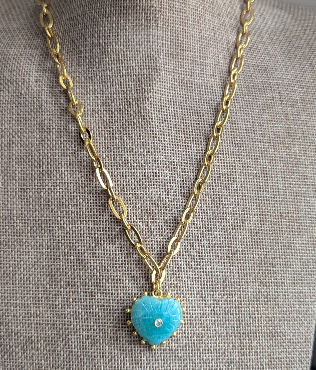 Carved Amazonite Large Heart Chunky Gold Necklace
