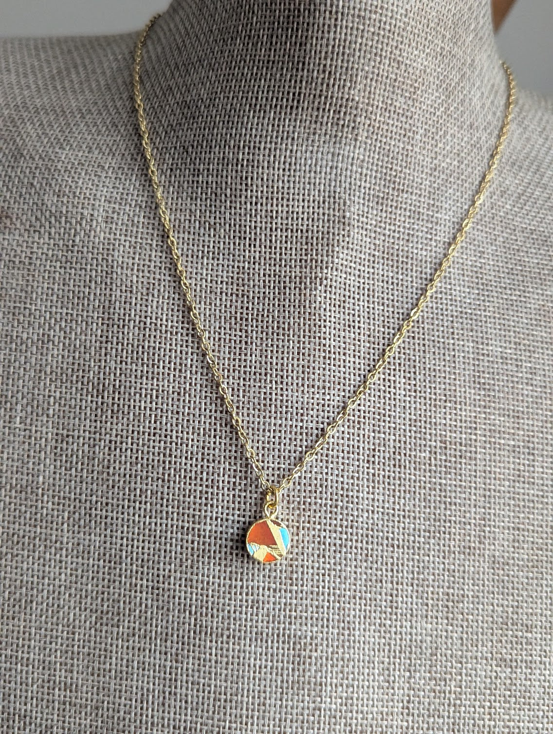 Orange and Turquoise Round Mosaic Gold Necklace