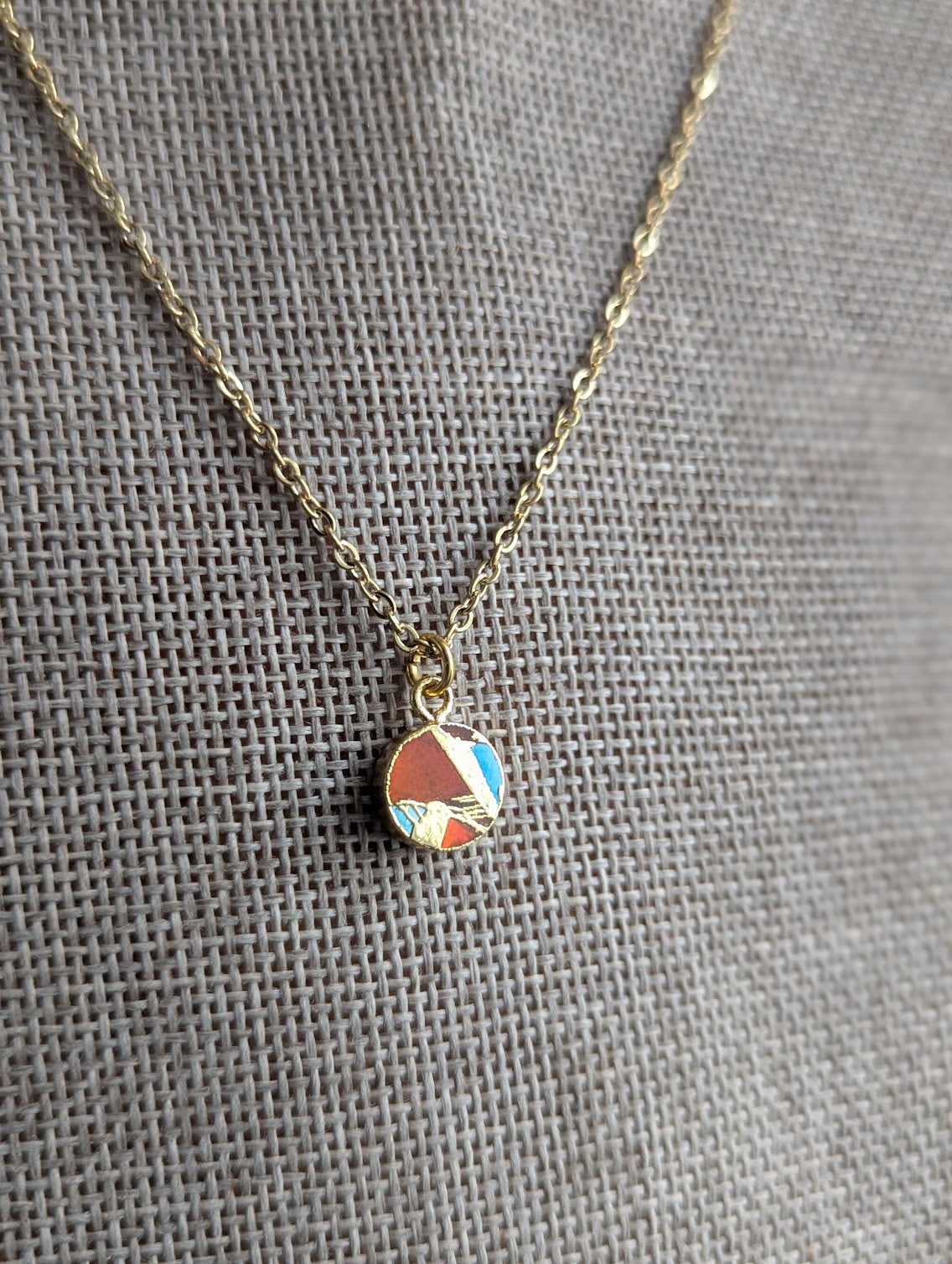 Orange and Turquoise Round Mosaic Gold Necklace