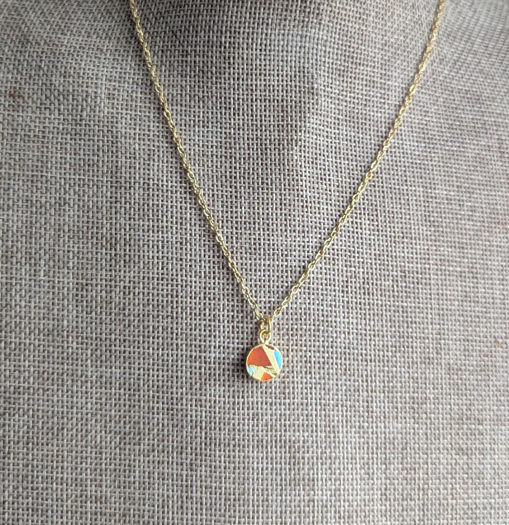 Orange and Turquoise Round Mosaic Gold Necklace