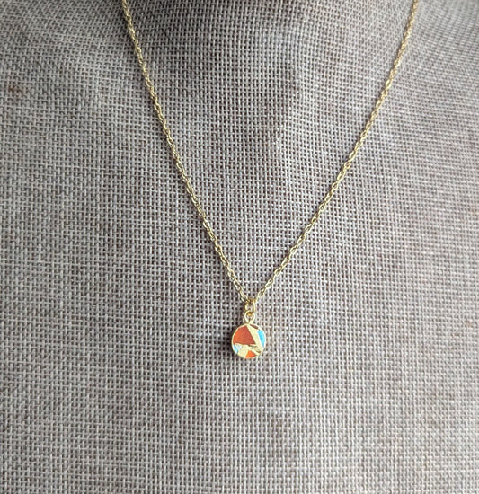 Orange and Turquoise Round Mosaic Gold Necklace