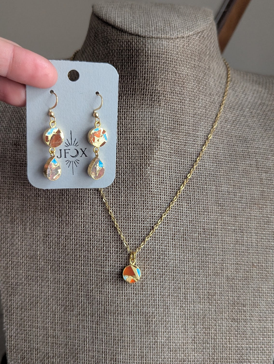 Orange and Turquoise Round Mosaic Gold Necklace