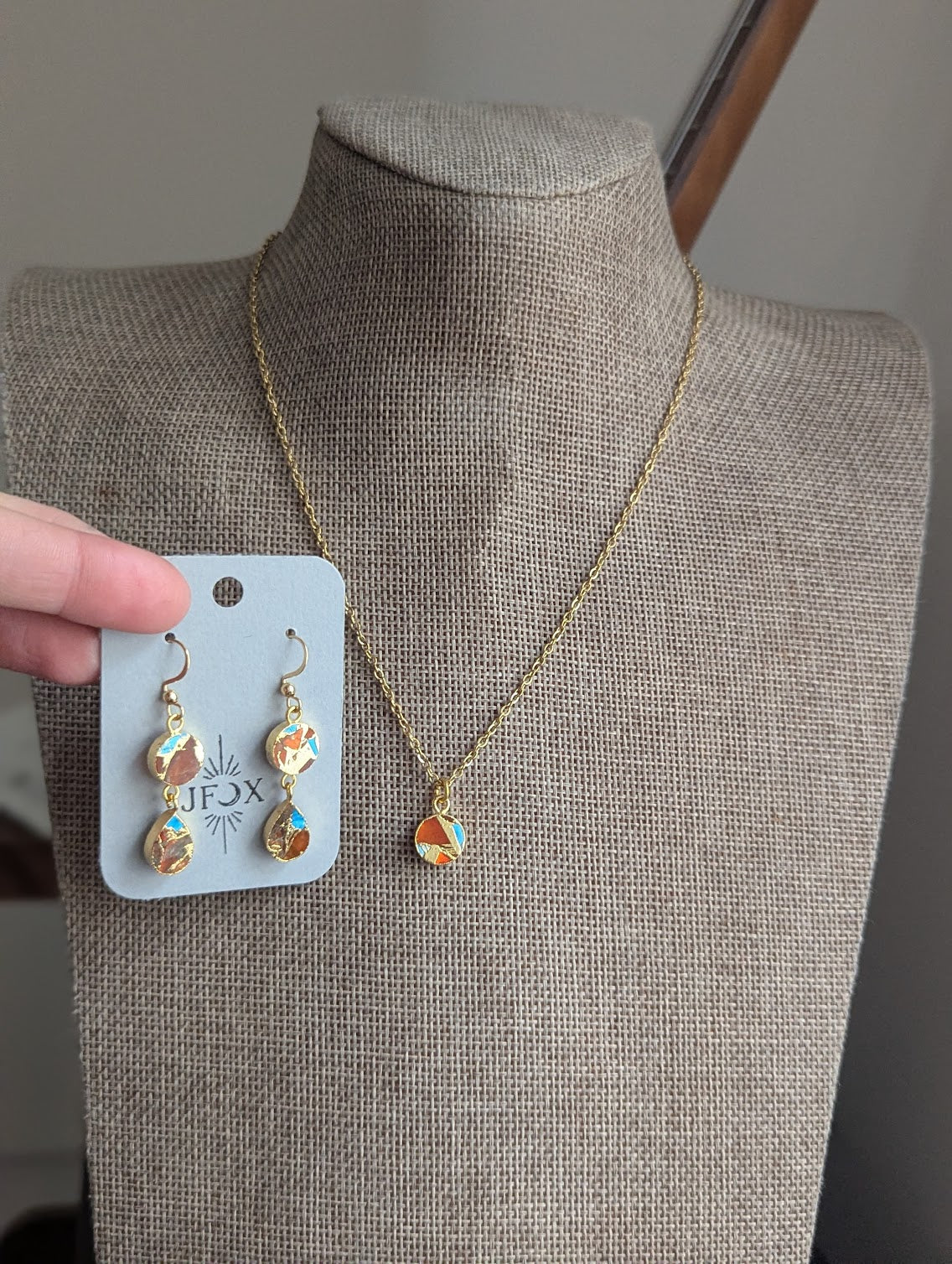 Orange and Turquoise Round Mosaic Gold Necklace