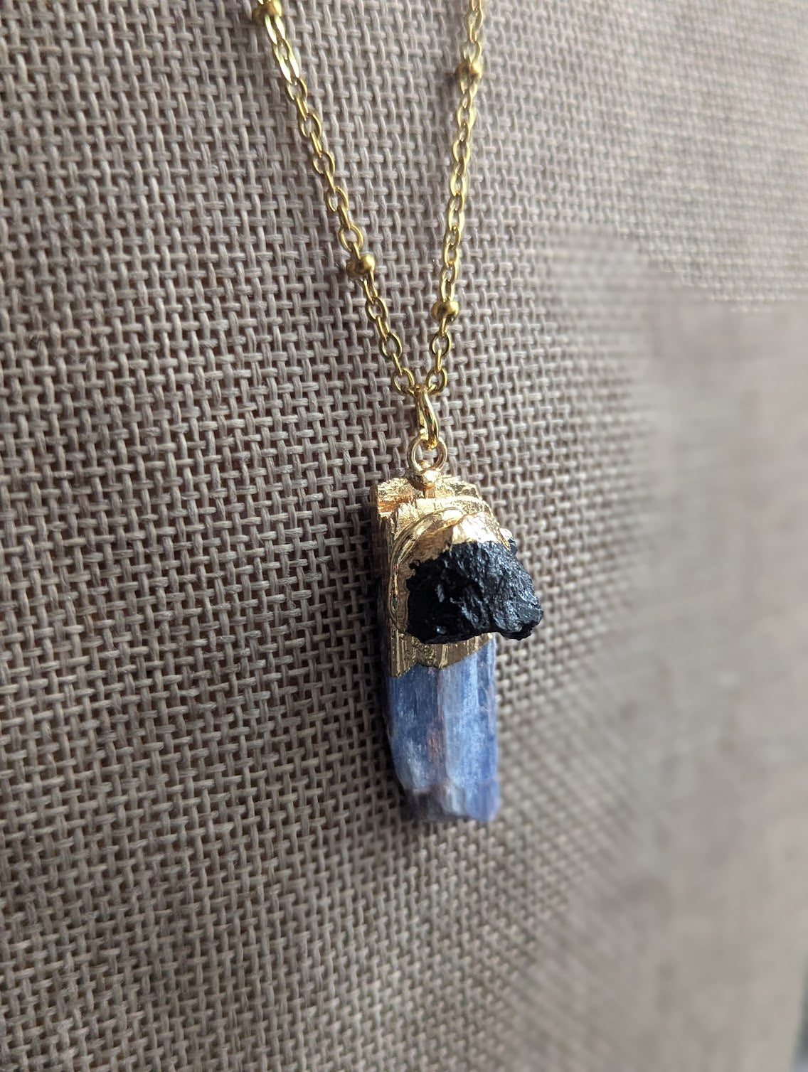 Raw Kyanite and Black Tourmaline Gold Long Necklace
