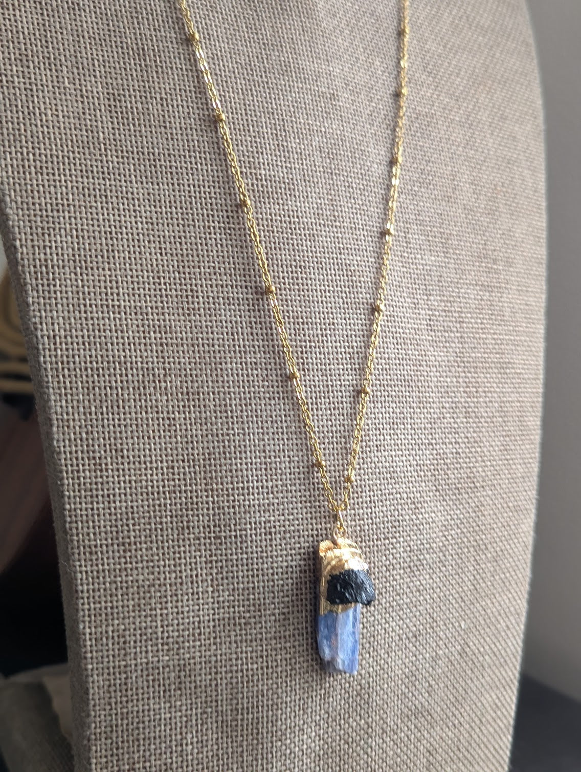 Raw Kyanite and Black Tourmaline Gold Long Necklace
