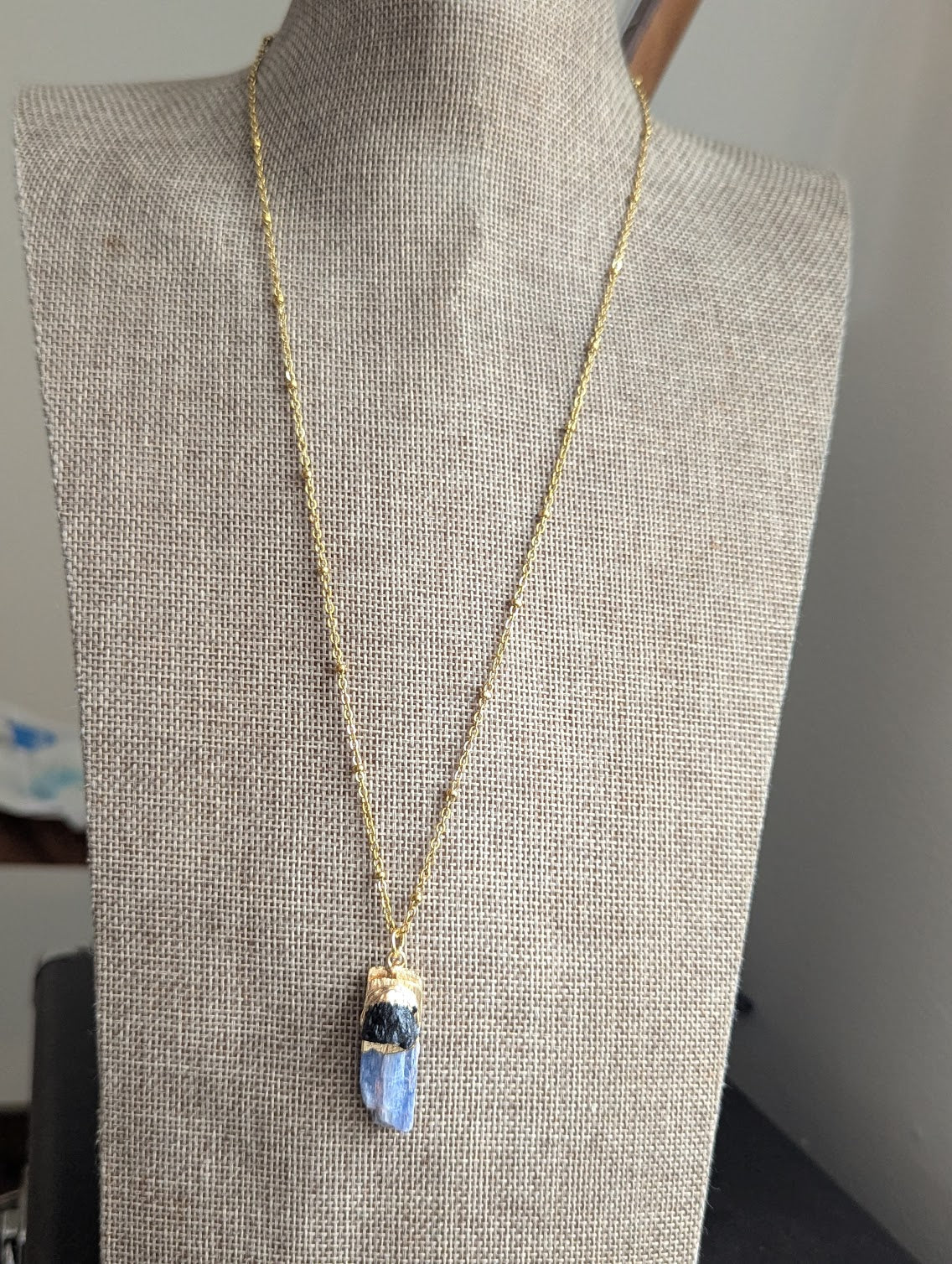 Raw Kyanite and Black Tourmaline Gold Long Necklace
