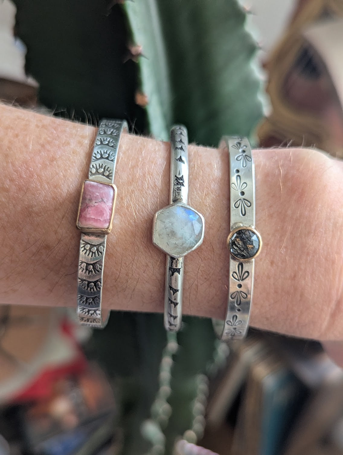 Black Rutile Quartz Gold and Silver Stamped Mixed Metal Cuff