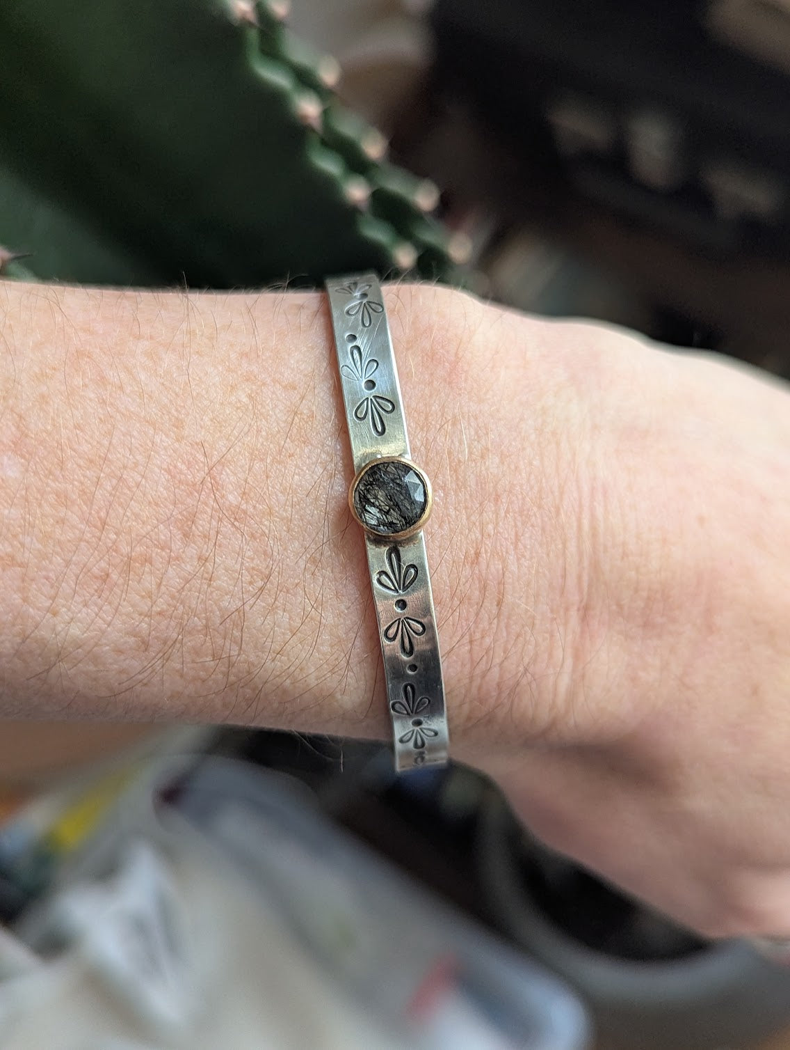 Black Rutile Quartz Gold and Silver Stamped Mixed Metal Cuff