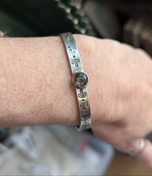 Black Rutile Quartz Gold and Silver Stamped Mixed Metal Cuff