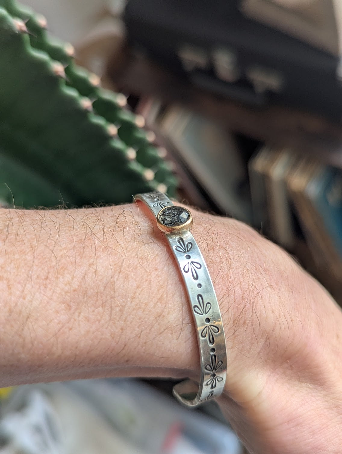 Black Rutile Quartz Gold and Silver Stamped Mixed Metal Cuff