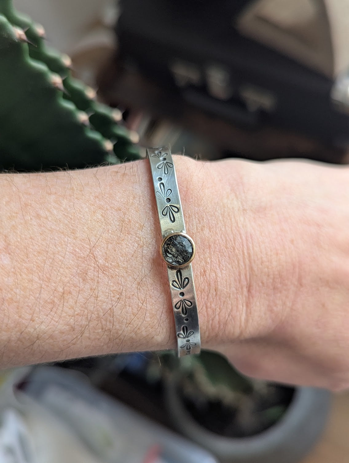 Black Rutile Quartz Gold and Silver Stamped Mixed Metal Cuff