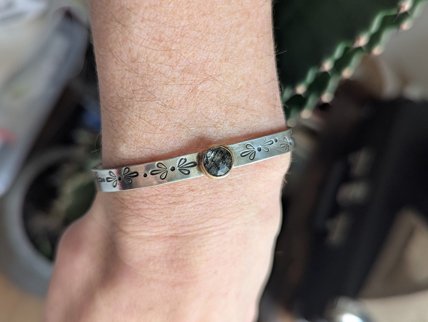 Black Rutile Quartz Gold and Silver Stamped Mixed Metal Cuff