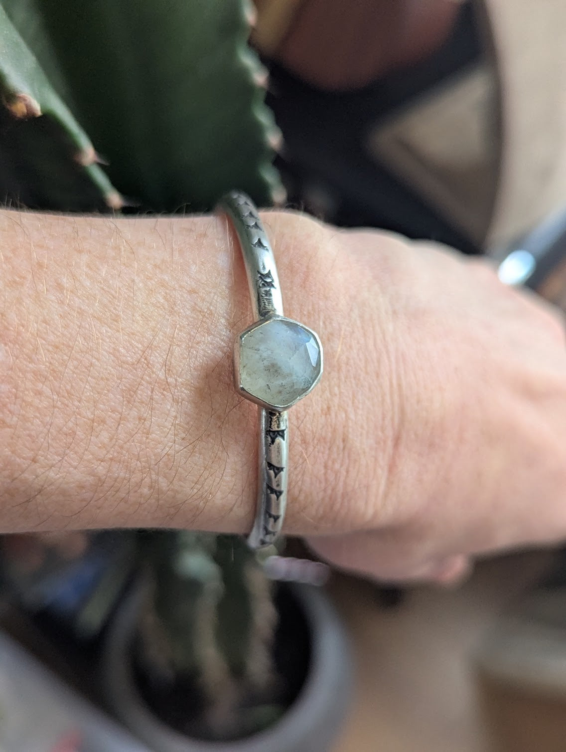Faceted Hexagon Moonstone Silver Stamped Cuff