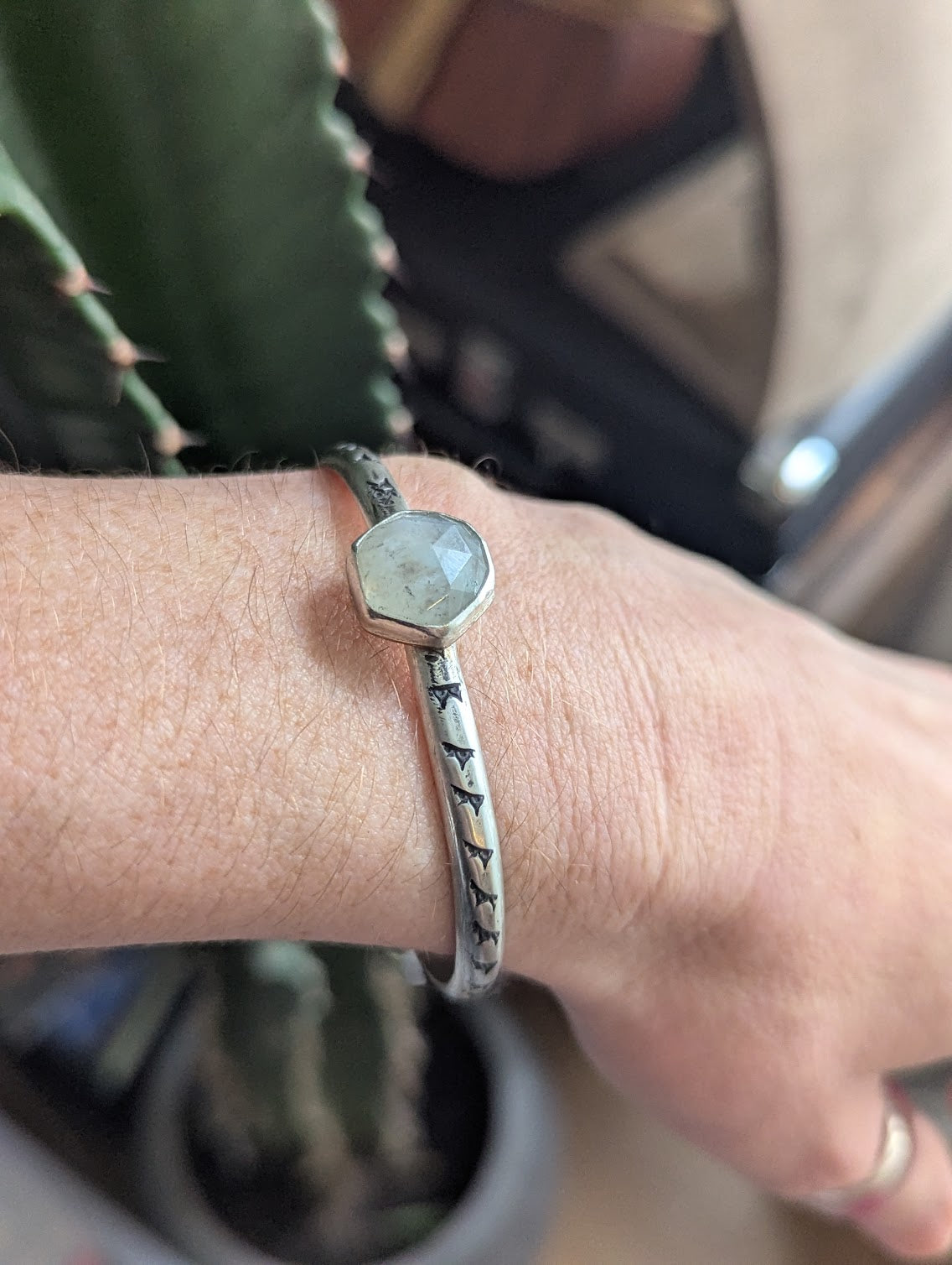 Faceted Hexagon Moonstone Silver Stamped Cuff