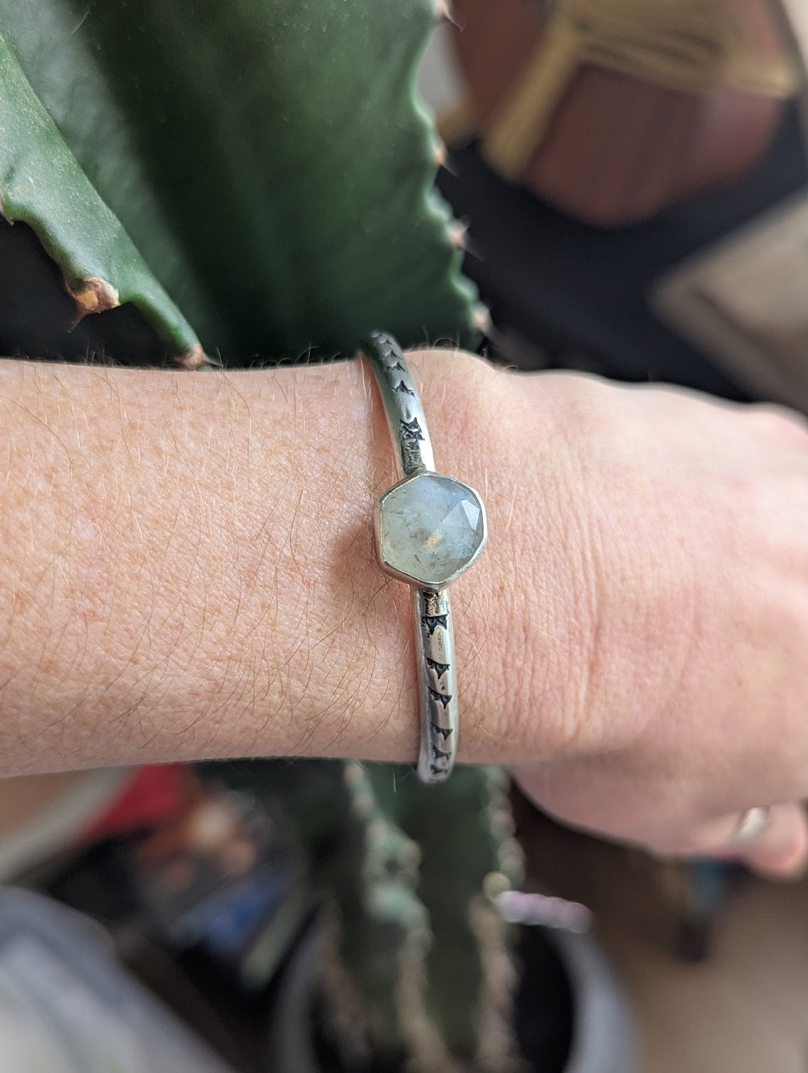 Faceted Hexagon Moonstone Silver Stamped Cuff