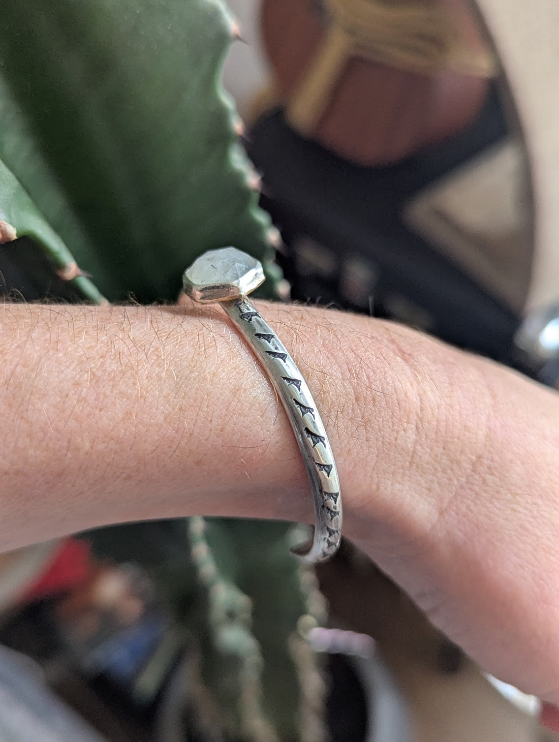 Faceted Hexagon Moonstone Silver Stamped Cuff