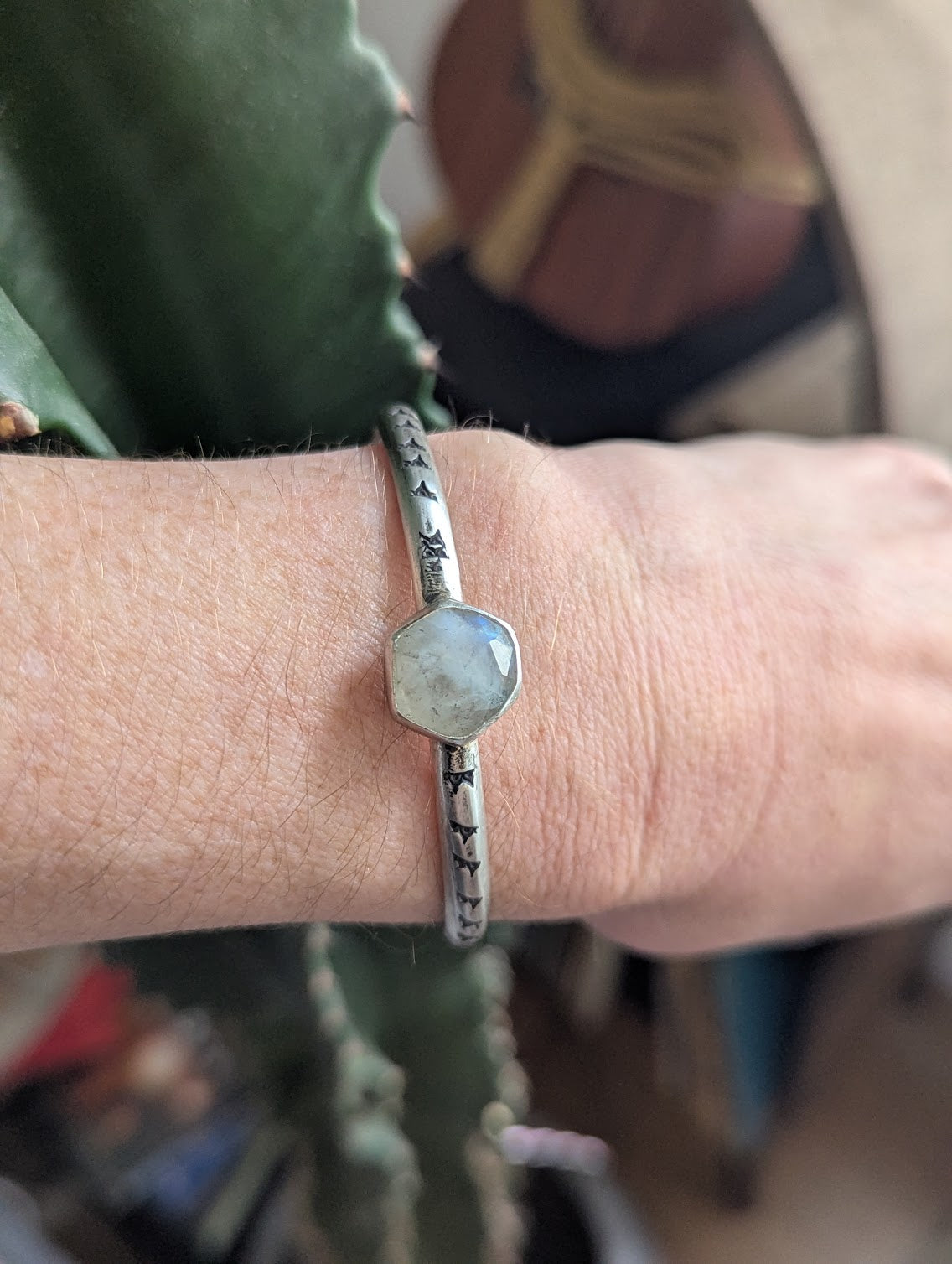 Faceted Hexagon Moonstone Silver Stamped Cuff